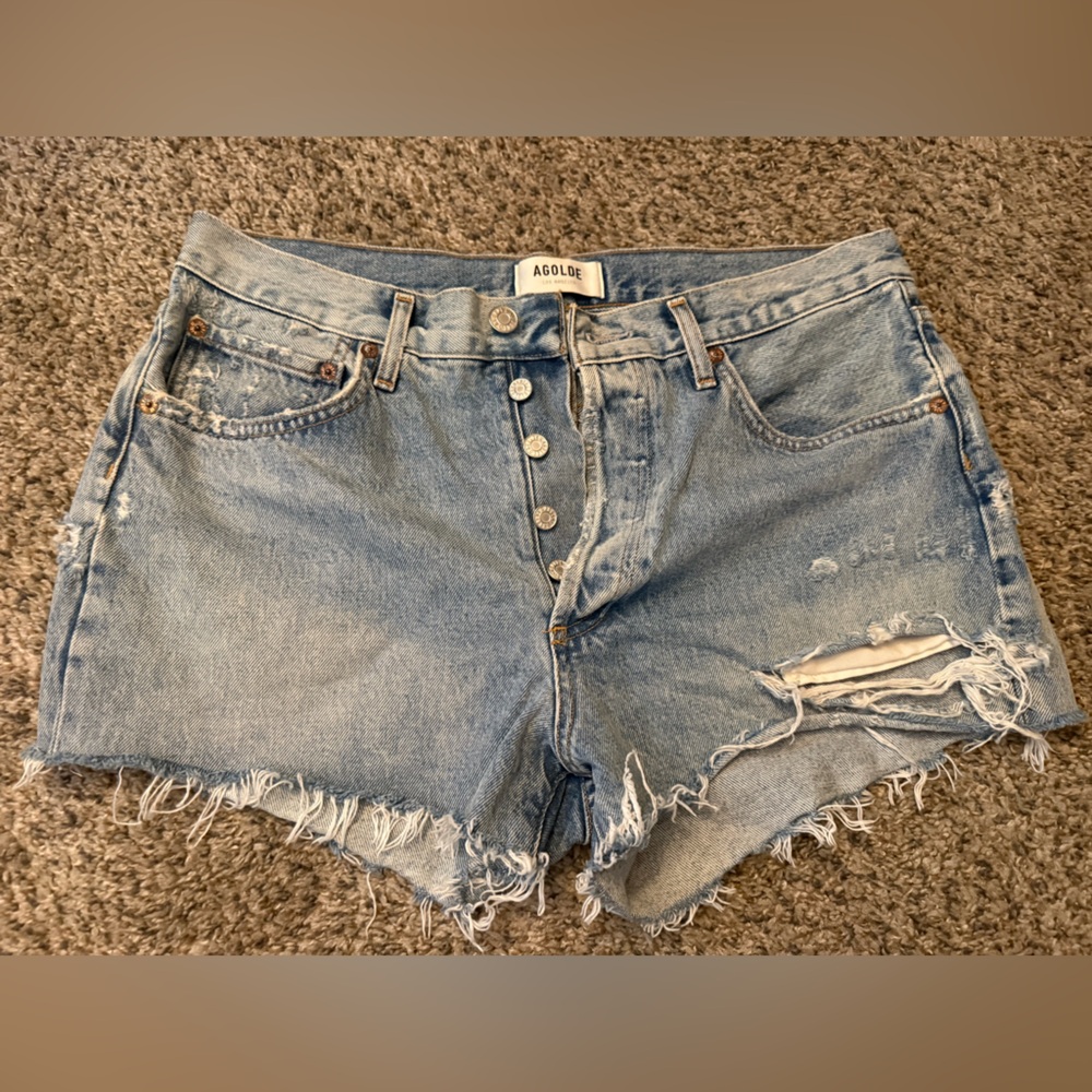 AGOLDE Women's Blue Jeans distressed shorts